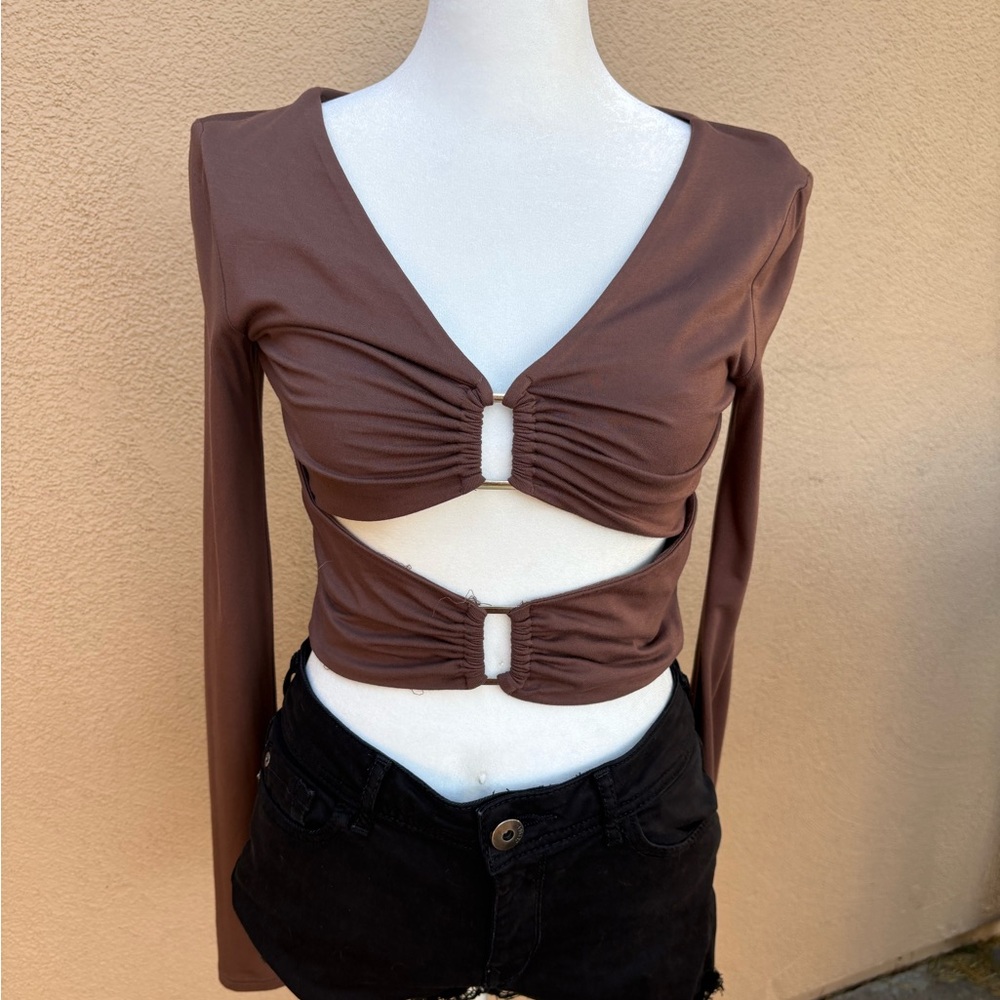 Brown Long Sleeve Cut-Out Top